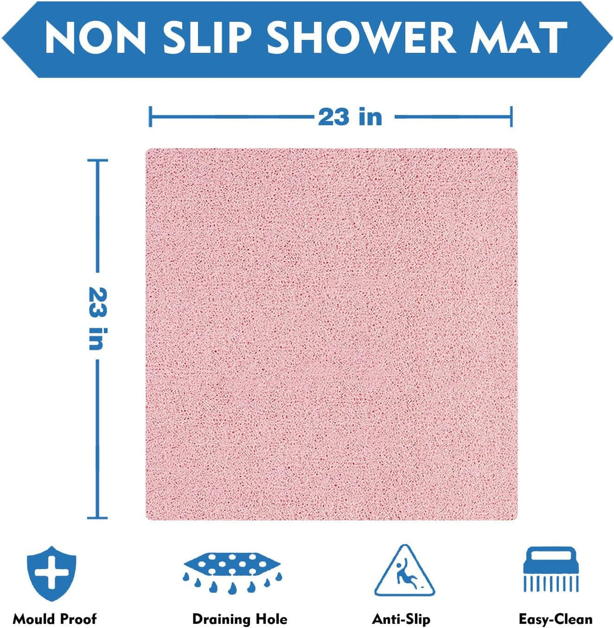 Pink Non-Slip Shower Mat 23"x23" - Textured Surface Bath Mat for Comfort & Safety | Quick-Drying & Easy-Clean | No Suction Cups Needed | Perfect for Wet Bathroom Floors