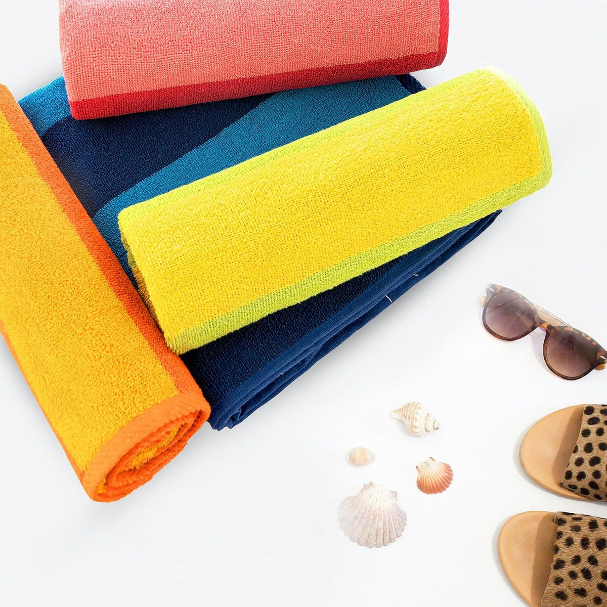Malibu Beach Towels Designed in Denmark Rough and Tough, Quick Dry, for Pool, Bath & Shower 30x60 inches 4 Pieces Cotton Beach Bath Towels Set - Orange, Blue, Pink, Green