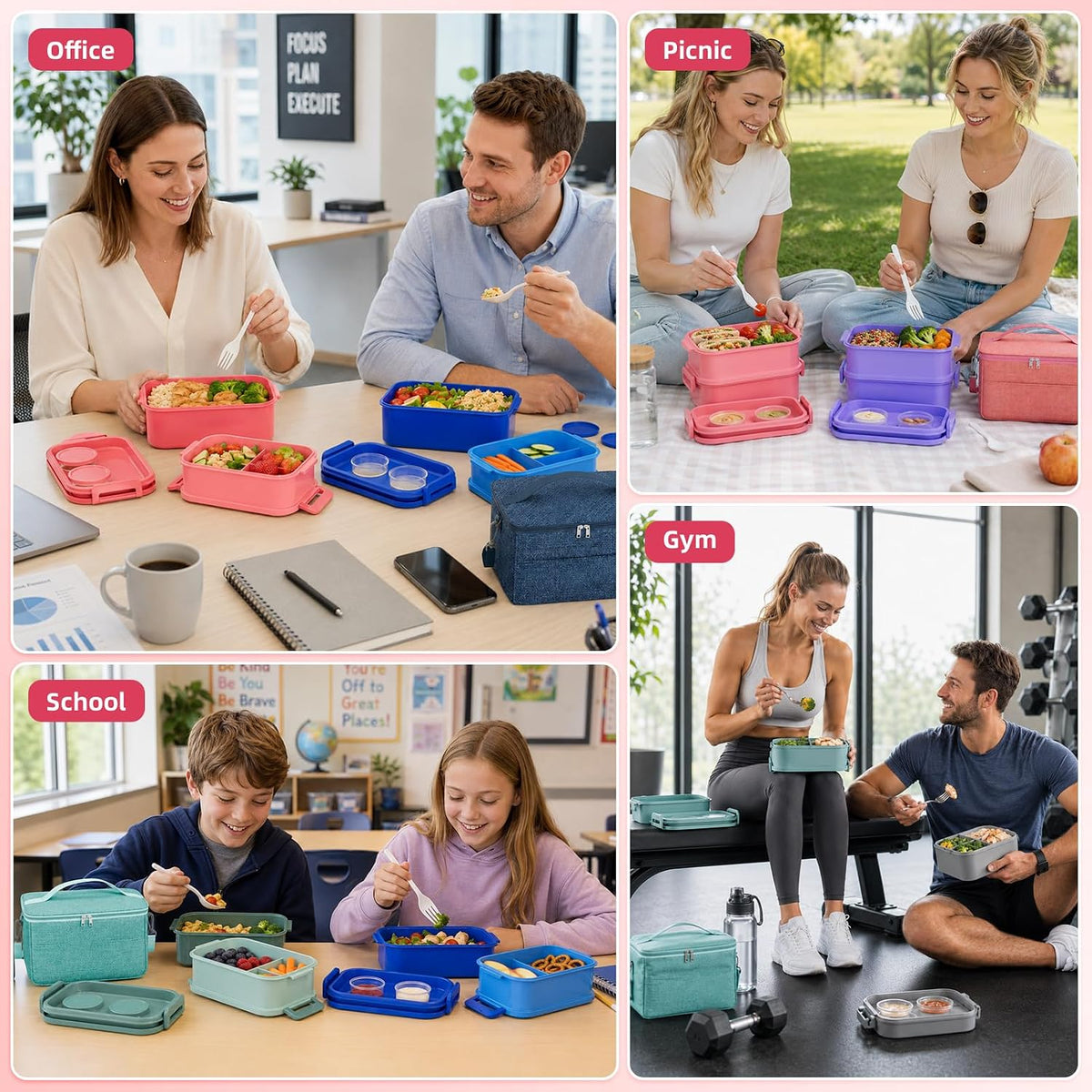 Adults Lunchbox Bento Box with Lunch Bag- 74 OZ All-in-One Stackable Lunch Box for Adults Kids Women Men Leakproof Bento Large Lunch Box Containers with Fork Spoon Sauce Box for Work School (Pink)