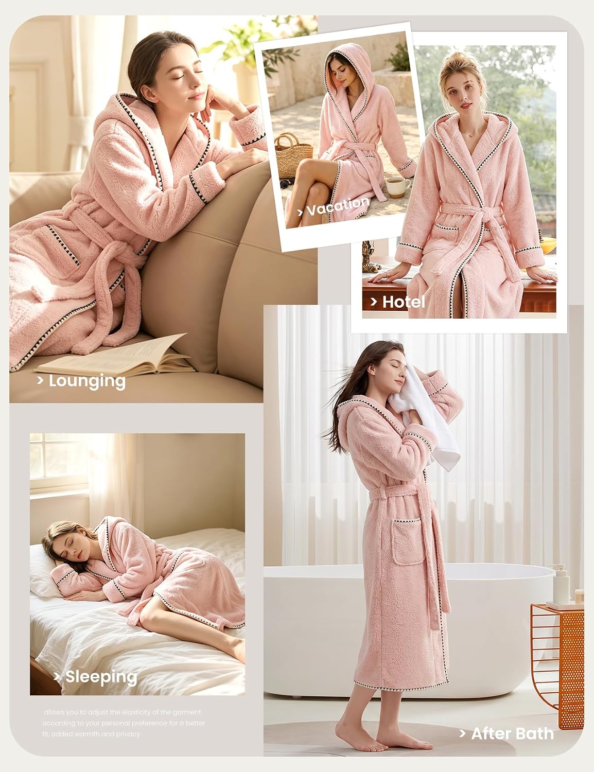 Womens Striped Fluffy Robe Long Hooded Plush Warm Bathrobes