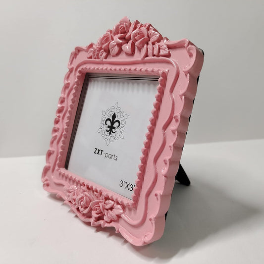3x3 Picture Frame Square Pink Frame. Resin Handmade Photo Frame. Glass Panel. Black Suede Cover.European Style Suitable for Wall or Desktop.