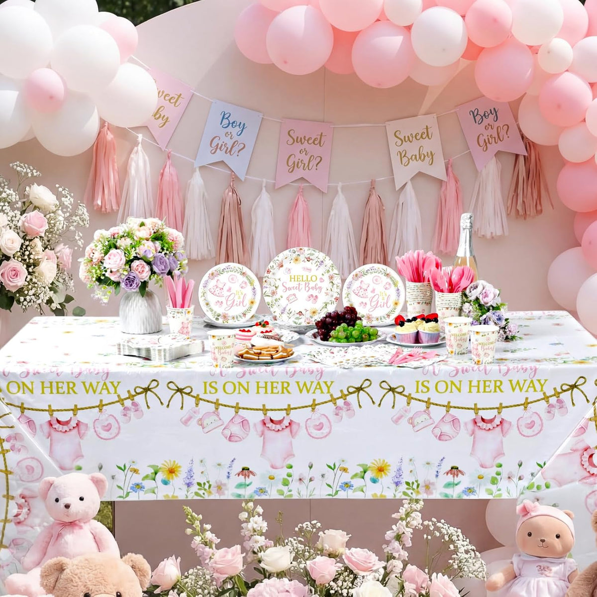 194 Pcs Floral Baby Shower Girl Decorations for 24, Pink Baby Shower Paper Plates and Napkins Cups Tablecloth Cutlery for Spring Babys in Bloom It's a Girl Gender Reveal Party Supplies