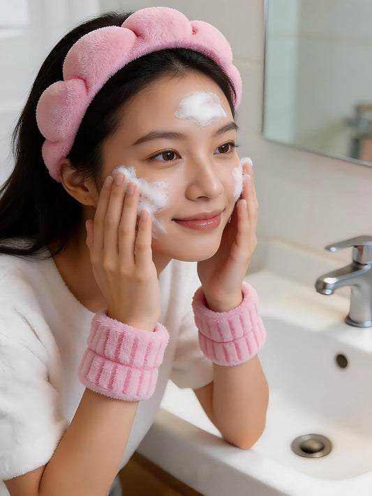 Spa Headbands for Washing Face or Facial & Wristband & Gua Sha & Jade Roller Facial Tools Set for Women, Puffy Makeup Washing, Mask, Skin Treatment, Gift (Pink 5Pcs)
