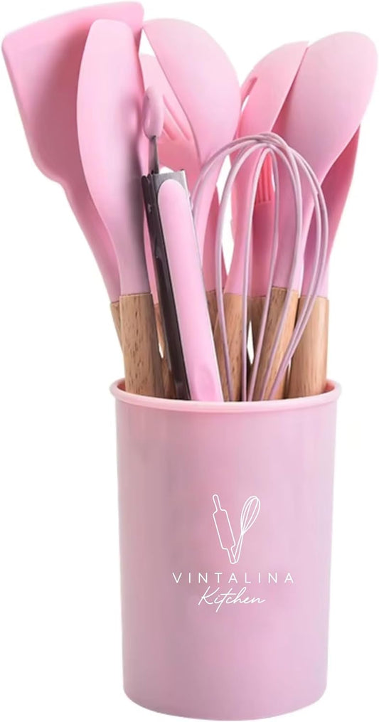 Silicone Cooking Utensils Kitchen Utensil Set - 446°F Heat Resistant Silicone Kitchen Utensils Set, Spatula,Turner Tongs, Spoon, Whisk,Kitchen Gadgets for Nonstick Cookware, BPA Free (Pink)