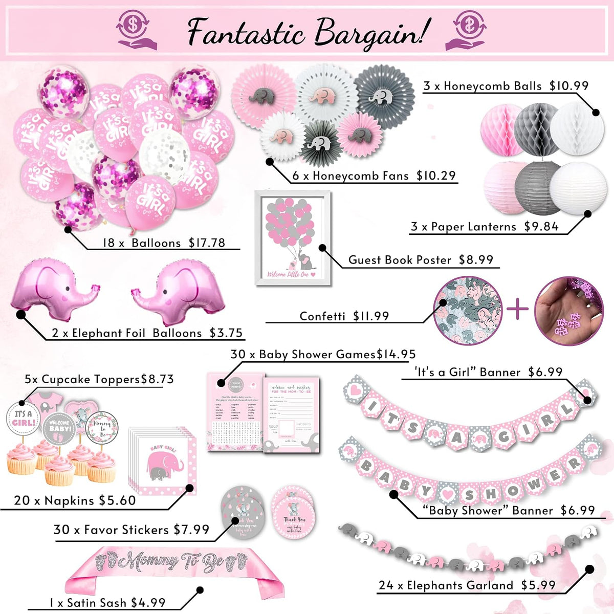 697 Pc Pink Elephant Baby Shower Decorations for Girl - Premium Set