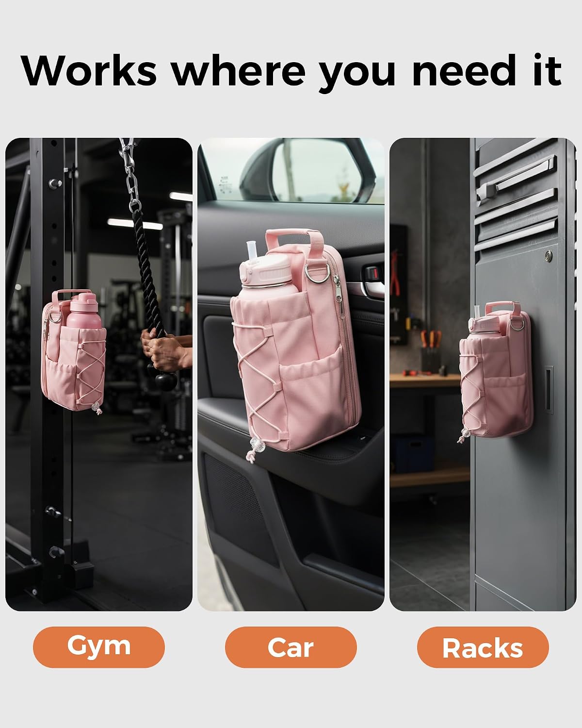 Magnetic Gym Bag for Men Women-Water Bottle Carrier Holder with Strap & Phone Pockets for 40oz Tumbler with Handle, 4 Built-in Magnets Small Gym Bag for Sports, (Pink)