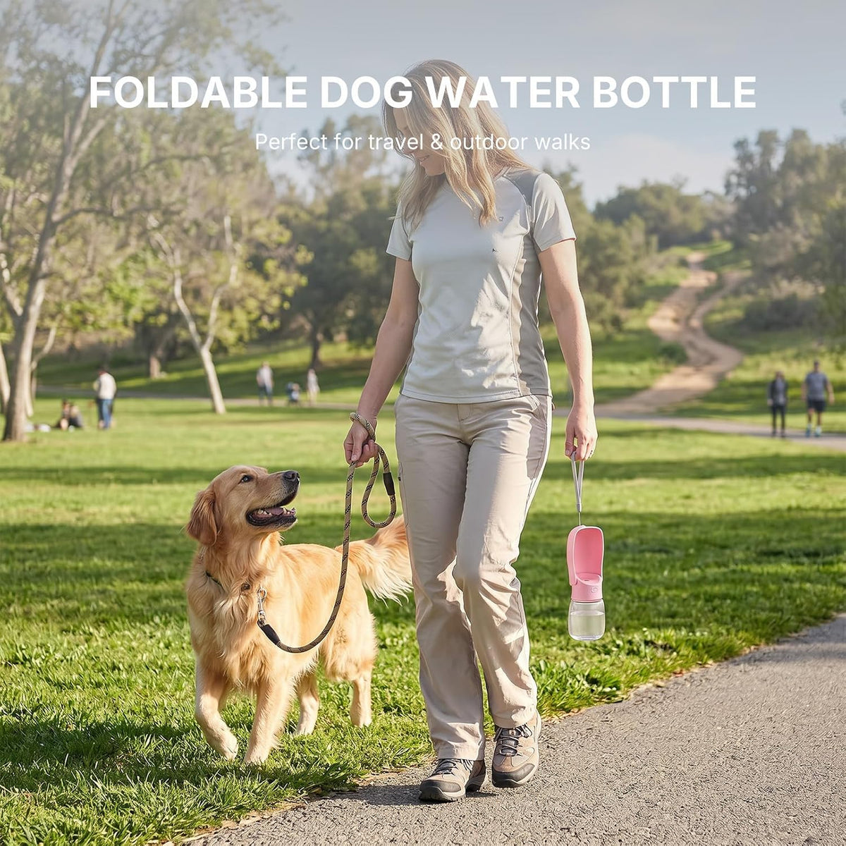 Foldable Dog Water Bottle, Leak Proof Portable Pet Water Dispenser for Dogs and Cats, One-Hand Travel Water Bottle for Walking Hiking Outdoor Use (350ml, Pink)