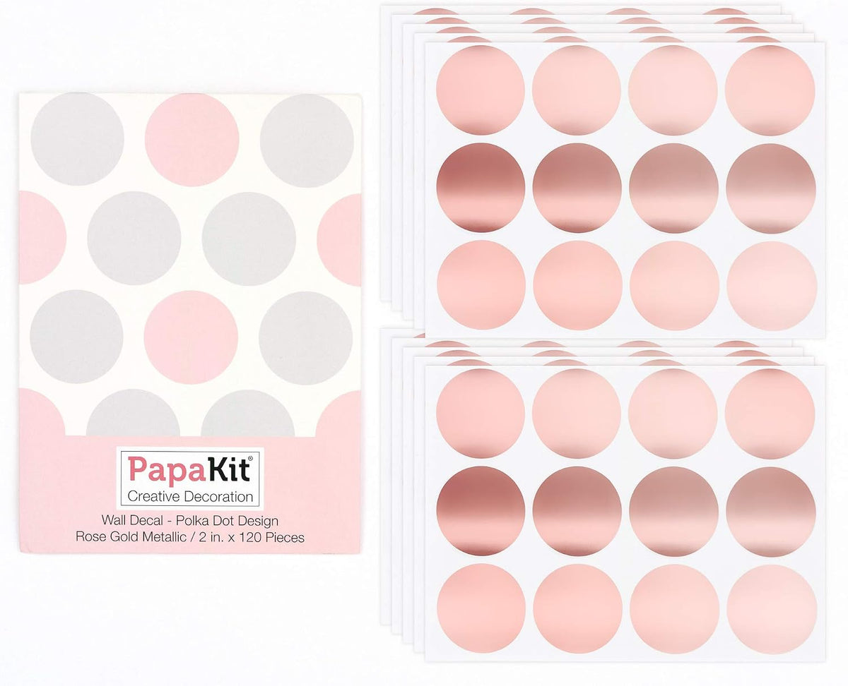 PapaKit Large Round Polka Dot Confetti Wall Decal Baby Nursery Child Kid Boy Girl Bedroom Home Decor | Creative Art Design Pattern | Safe Removable Adhesive (Rose Gold Metallic, 2 Inches x 120 Pieces)