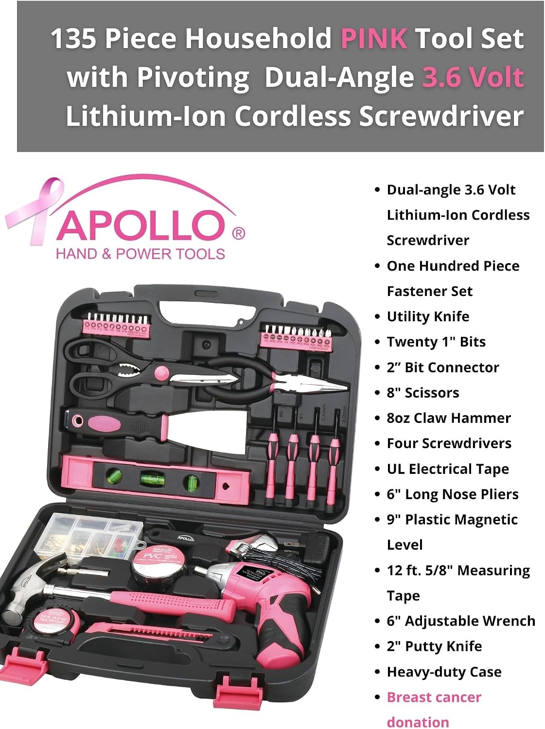 135 Piece Household Tool Set, Pink DT0773N1