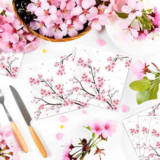 100Pcs Cherry Blossom Paper Cocktail Napkins 2 Ply Watercolor Pink Floral Disposable Absorbent Hand Towels Summer Flowers Guest Napkins for Bridal Wedding Dinner Bathroom Kitchen Supplies Decoration