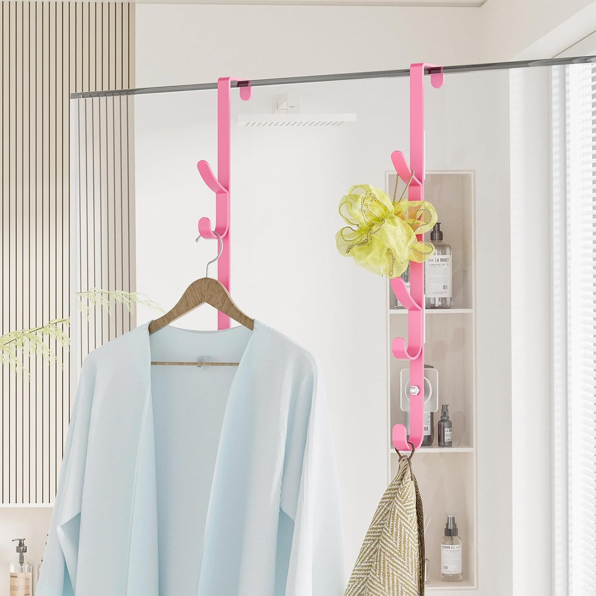 Over The Door Hooks, Metal Door Hooks for Hanging, Over The Door Purse Organizer for Door Coat Hanger, Back of Shower for Hanging Towel Rack Clothes, Hat, Bathroom, Closet (Pink-2Packs)