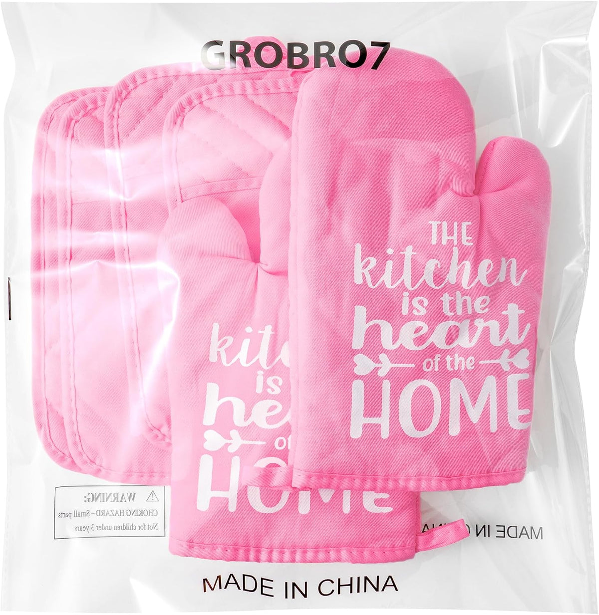6Pcs Funny Oven Mitts Pot Holders The Kitchen is The Heart of The Home Heat Resistant Hot Pad Machine Washable Gloves with Hanging Loop Pocket Hot Pad for Baking Cooking Pink