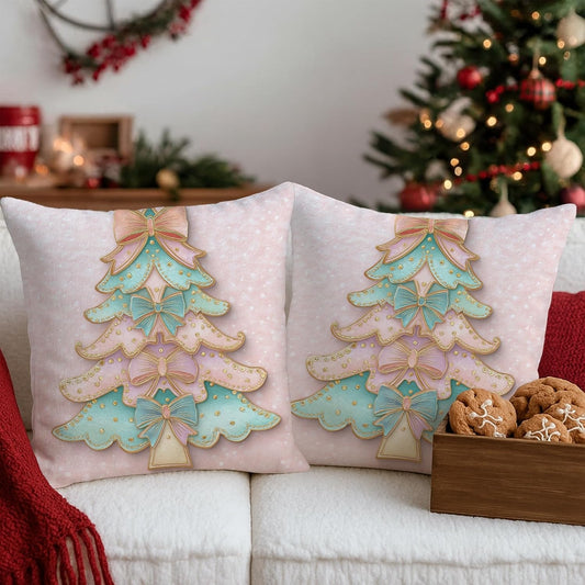 Christmas Tree Throw Pillow Covers Set of 2, Festive Fanciful Bows Polka Dots Xmas Peach with Hidden Zipper Cushion Covers Pillow for Living Room Bedroom Loft Office Car Decor 18x18 Inch