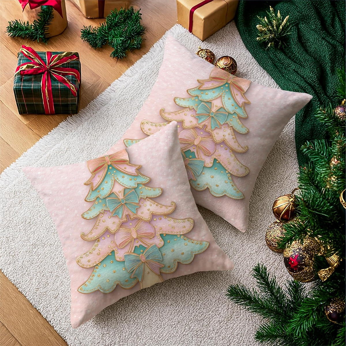 Christmas Tree Throw Pillow Covers Set of 2, Festive Fanciful Bows Polka Dots Xmas Peach with Hidden Zipper Cushion Covers Pillow for Living Room Bedroom Loft Office Car Decor 18x18 Inch