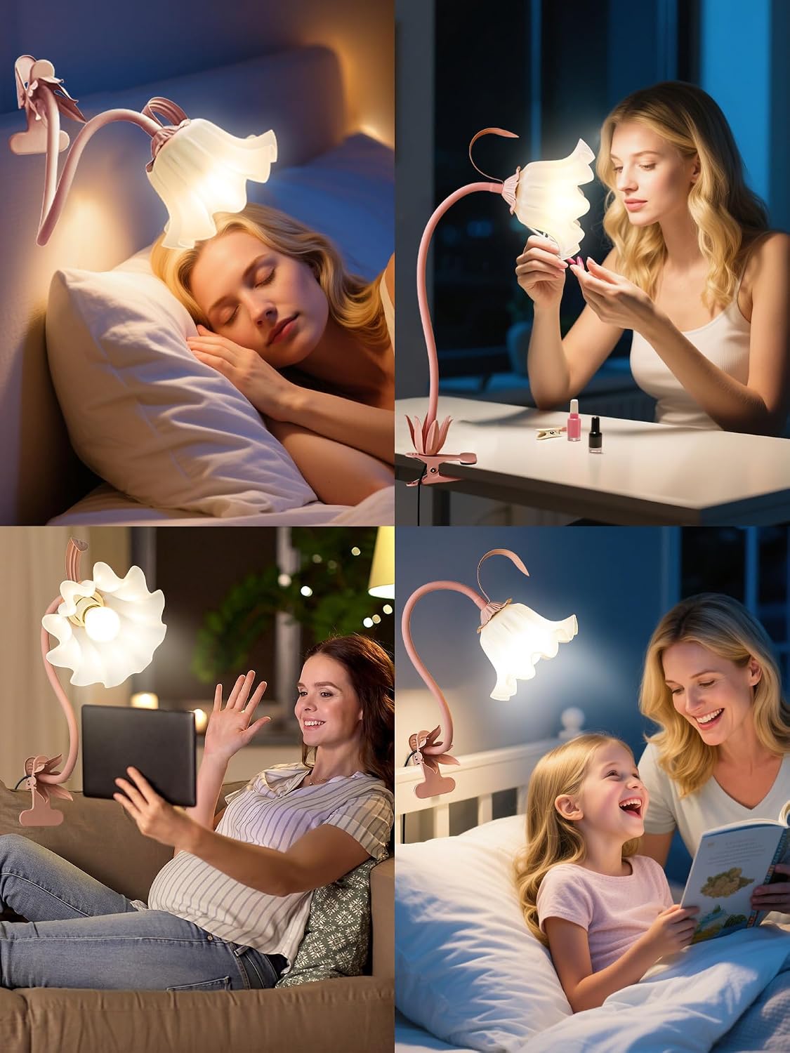 Desk Lamp Flower Clip on Light,3 Color Modes Book Light Flexible Gooseneck LED Reading Light with Clamp Eye-Care Clip on Lamp for Bed Headboard Study Office Dorm (Pink Lamp)