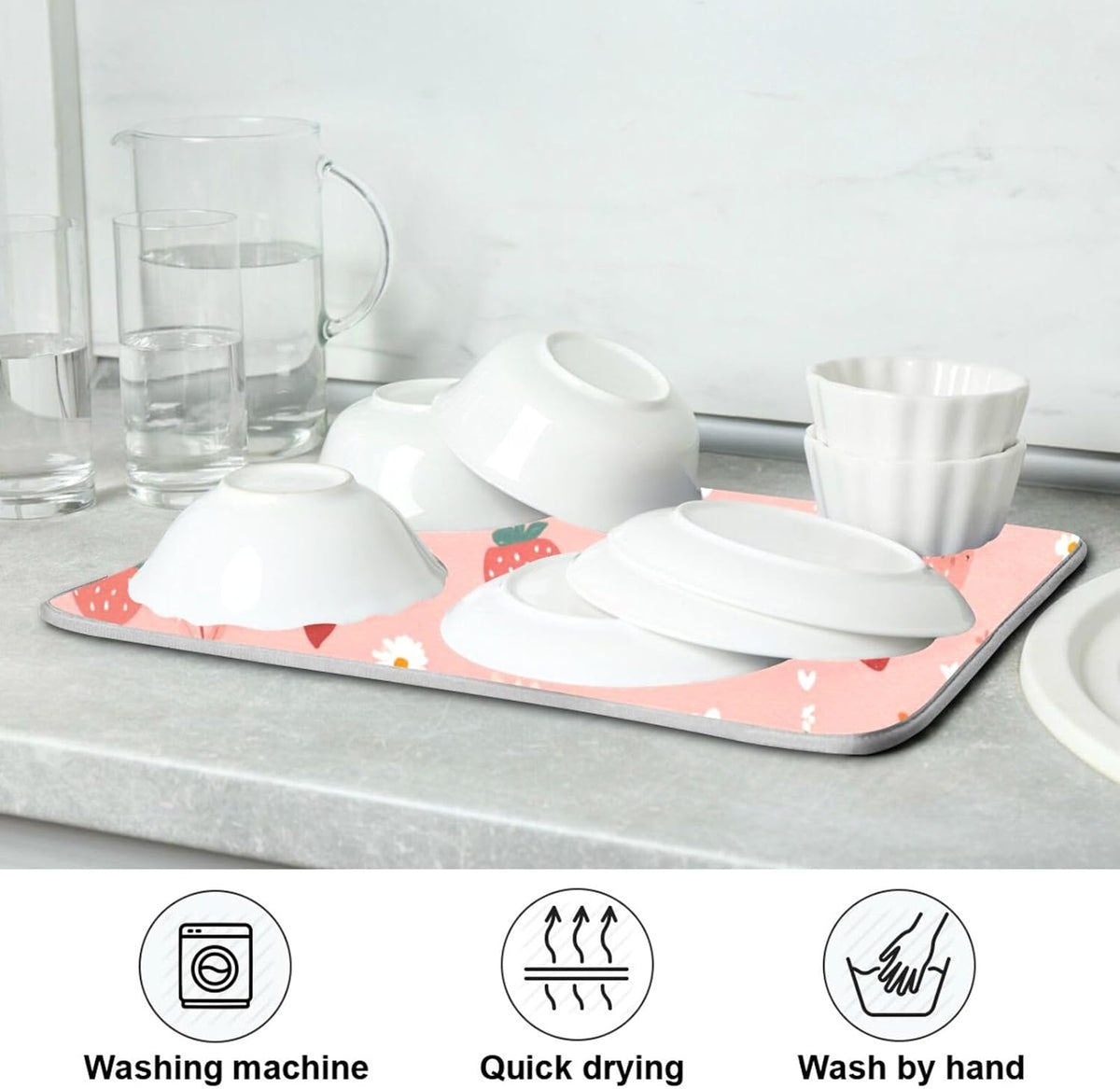 Pastel Pink Daisy Strawberry Hearts Dish Drying Mat for Kitchen Counter Kitchen Drying Mat Dish Rack Mat Dish Drainer Pad Microfiber Absorbent Washable Drying Pad for Countertop 16 x 18