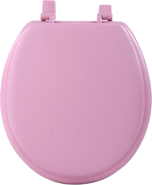 Vinyl Round Soft Toilet Seat, Adjustable Hinges Toilet Seats with Non Slip Grip Tight Bumpers, Standard Heavy Duty Plastic Bathroom Toilet Seat Close Lid Set, Pink