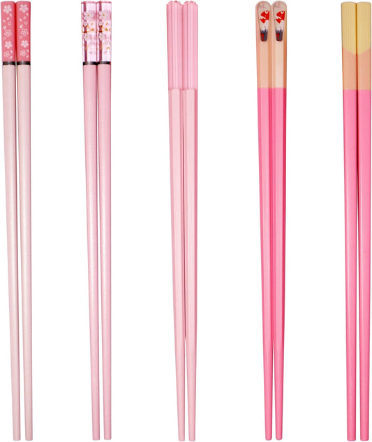 5 Pairs Pink Fiberglass Chopsticks Japanese Korean Chopstick Reusable Non-Slip Dishwasher Safe, 9.6 Inches Long, 5 Patterns