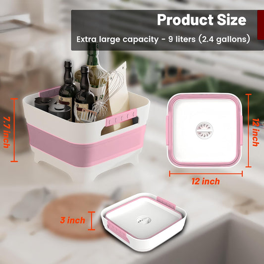 2.4 Gal Collapsbile Wash Basin with Drian Plug,9L Dish Pan for Soaking Baby Bottles,Portable Sink, Multiuse Foldable Bucket,Ice Beverage Tubs for Camping, Vegetable Washing, RV (Pink)