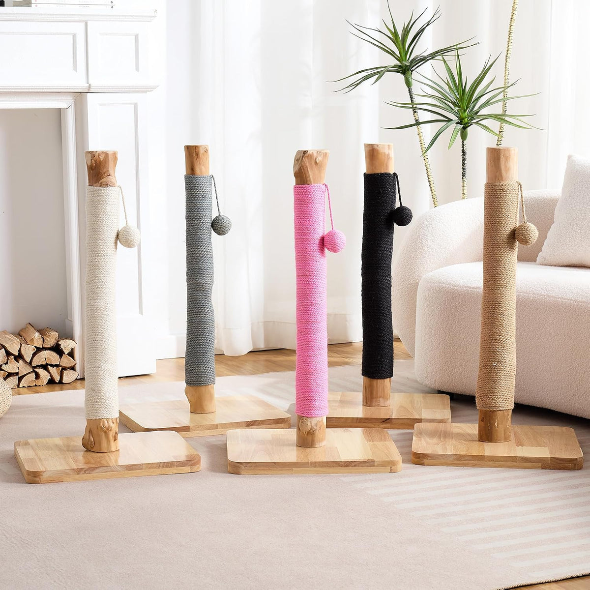 29" Tall Solid Wood Cat Scratching Post for Indoor Cats, Extra Stable Heavy Base, Natural Sisal Scratcher with Hanging Ball, Furniture Protector for Kittens & Adult Cats, Pink