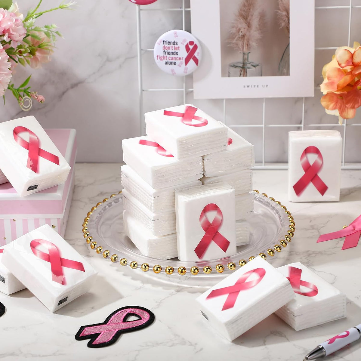 36 Pack Breast Cancer Pocket Tissues Pink Ribbon Mini Travel Bulk