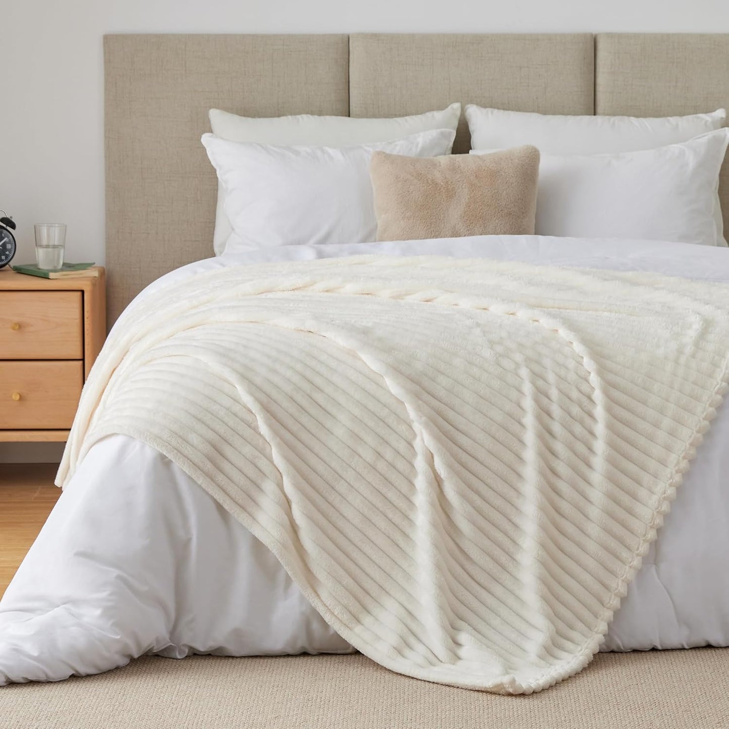 BEDELITE Fleece Throw Blanket for Couch - 300GSM Soft & Warm Fluffy Cream White Blanket, Decorative and Giftable Striped Blankets for Women, Men, 50"x60"