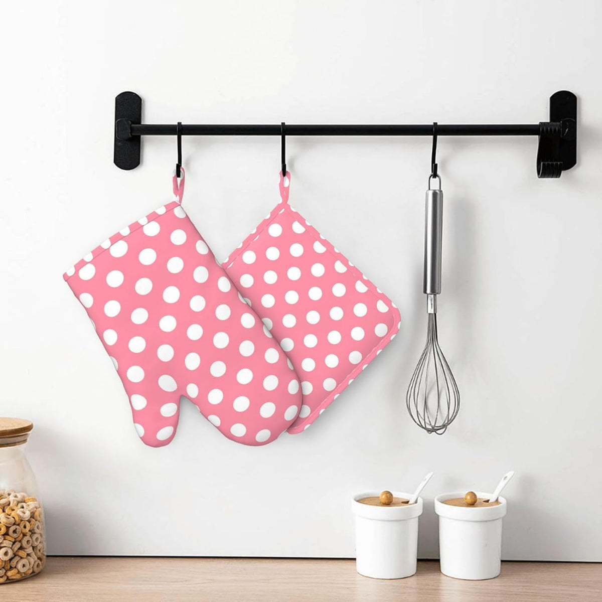 Light Pink Polka Dot Print (a) Oven Mitts and Pot Holders Sets - Heat Resistant Silicone Oven Mitts Pot Holders for Kitchen Cooking Baking, Non-Slip Ovens Gloves Hot Pads Potholders