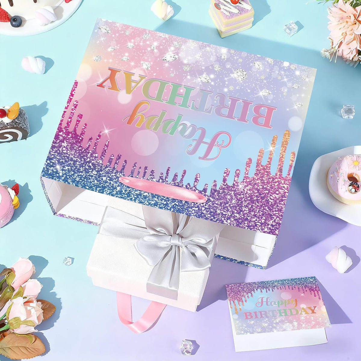 Ombre Birthday Gift Bag for Women Girls Large Pink Purple Blue Glitter Happy Birthday Bag with Wrapping Tissue Paper and Card for Mermaid Unicorn Rainbow Bday Party Supplies Present