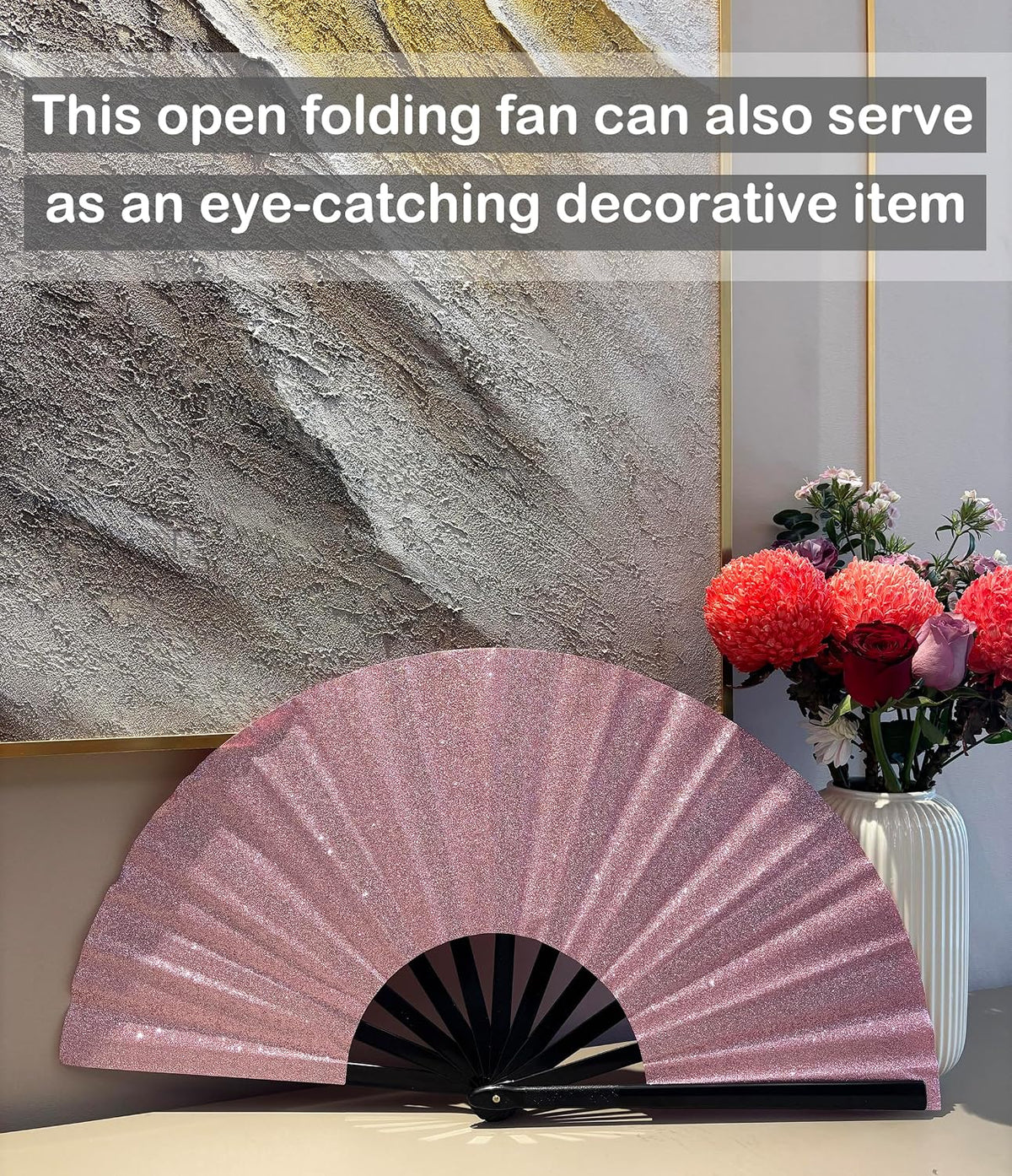 13 Inch Large Folding Fan-Hand Fan Popping Fan for Line Dancing Clacking Fans for Boots On The Ground Dance,Party,Outdoor,Decoration (Pink Glitter)