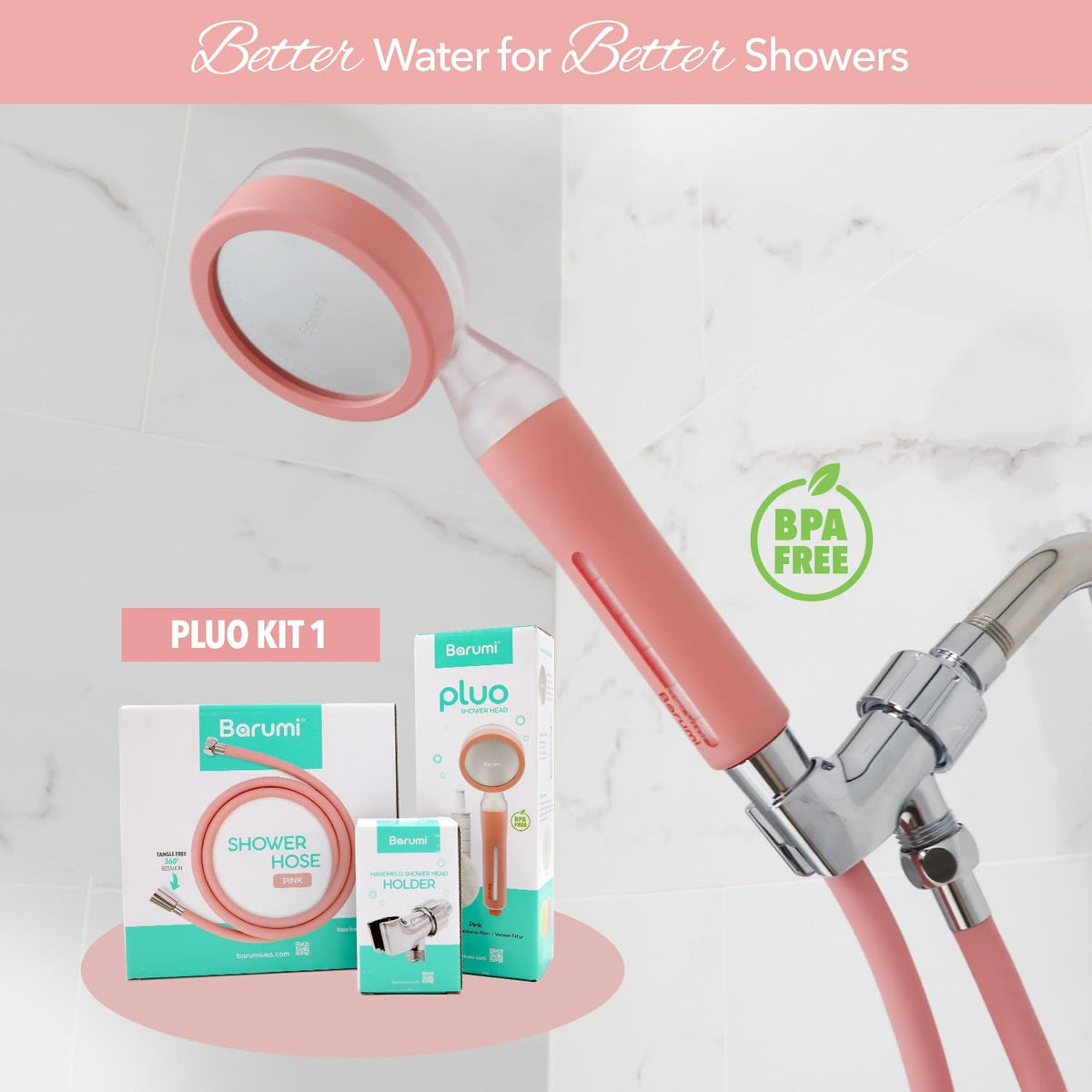 Pluo Handheld Filtered Showerhead Set (1 Vitamin C & Sediment Filter Included) with PVC Hose, Shower Head Holder - Pink