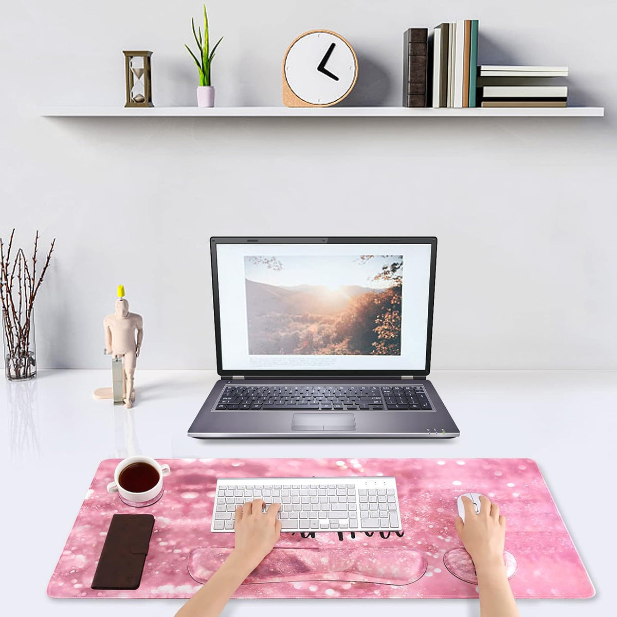 Keyboard Mouse Pad Set, Large Gaming Mousepad + Memory Foam Ergonomic Keyboard Wrist Rest Support, Easy Typing Pain Relief, 4Pcs (35.4" x 15.7") Extended Desk Mat -Pink Glitter Letters