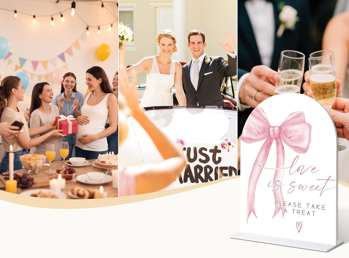 Wedding Table Signs, Pink Bow theme Love is Sweet Sign Sign, Wedding Reception Decorations, Whtie Acrylic Table Decorations with Holder, Reception Decor for Bridal Shower Parties and Events, 12