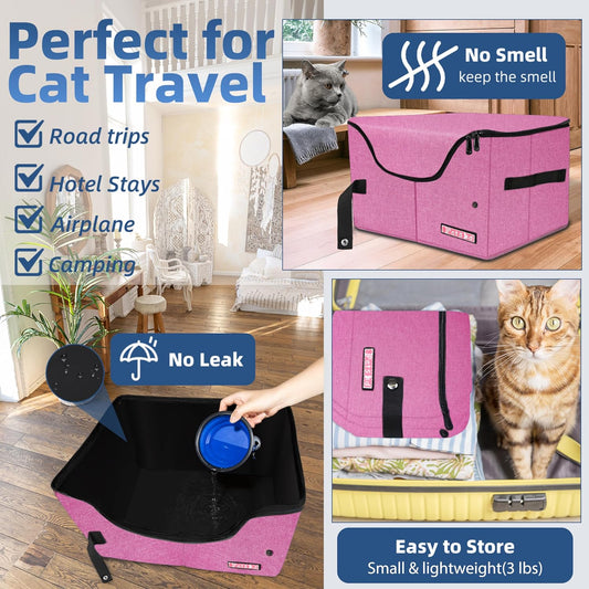 High Sides Portable Travel Litter Box for Cats with Lid, Pink