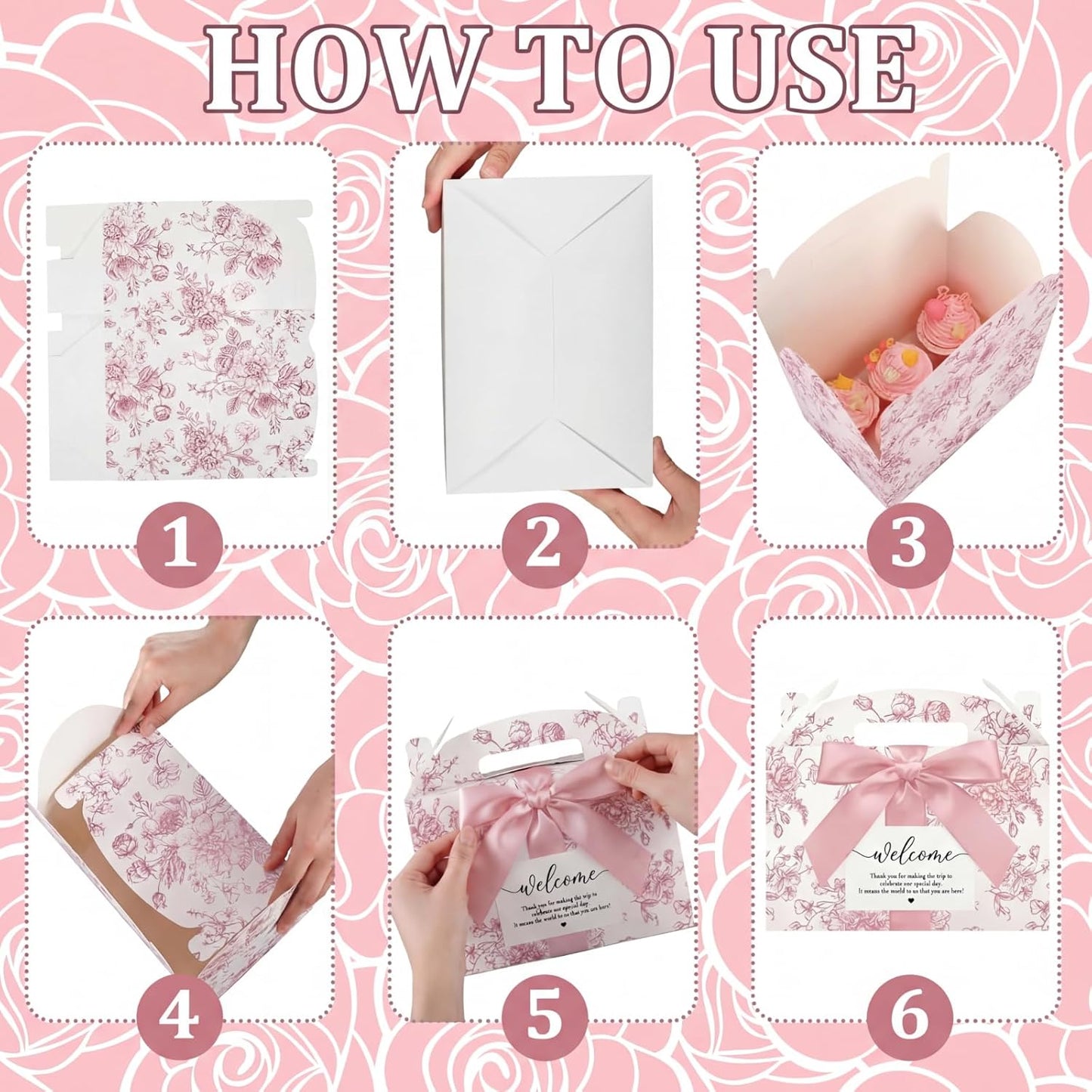 Jaloro 24 Set Pink Floral Wedding Welcome Box with Ribbon and Label 9x6x6'' Large Gable Boxes Paper Goodie Boxes Welcome Favor Kit for Wedding Bridesmaid Gift Bridal Baby Shower Birthday Party