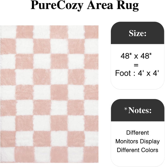 Pink Round Rug 6ft for Bedroom Soft Fluffy Checkered Shag Carpet