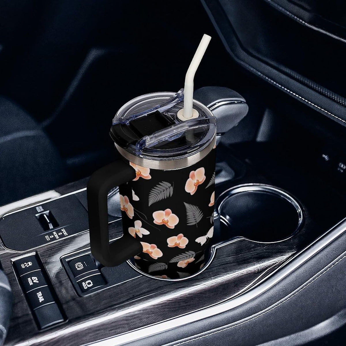 Sweatproof Handled Tumbler Stainless Steel With Handle For Travel Tropical Peach Orchid And Fern Pattern Travel Cup black-style-28