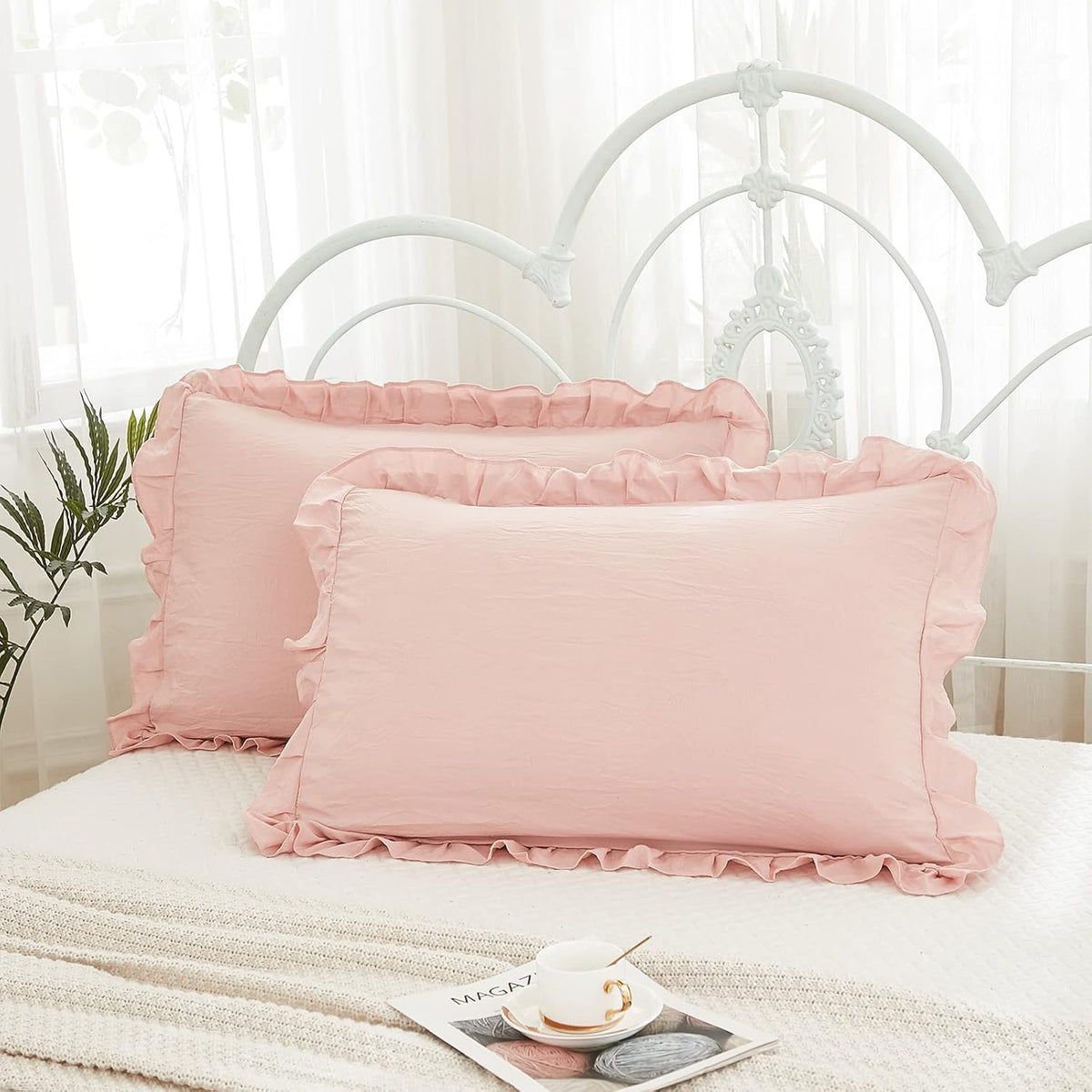 Pink Pillow Shams Baby Pink Ruffle Standard Pillowcases Cute Pillow Cover Set of 2 Shabby Chic Soft Microfiber Pillowcases 2 Pack (Queen (20''x30''), Pink)