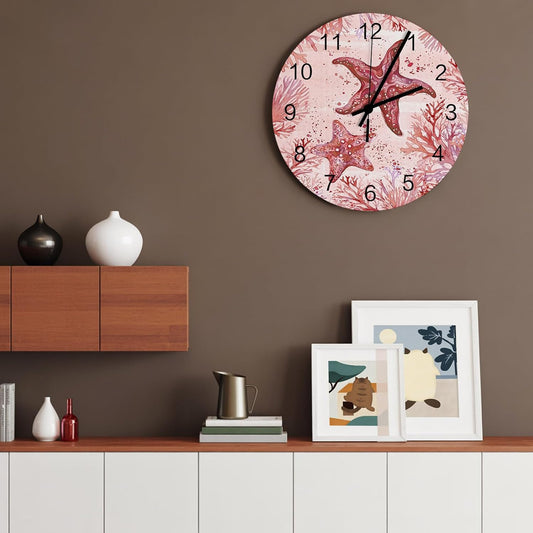 Summer Ocean Coral Wall Clock Silent Non Ticking Romantic Coastal Starfish Plants Red Pink Large Wall Clocks Battery Operated Decor for Home Kitchen Living Room Bathroom Office School Bedroom, 10 Inch
