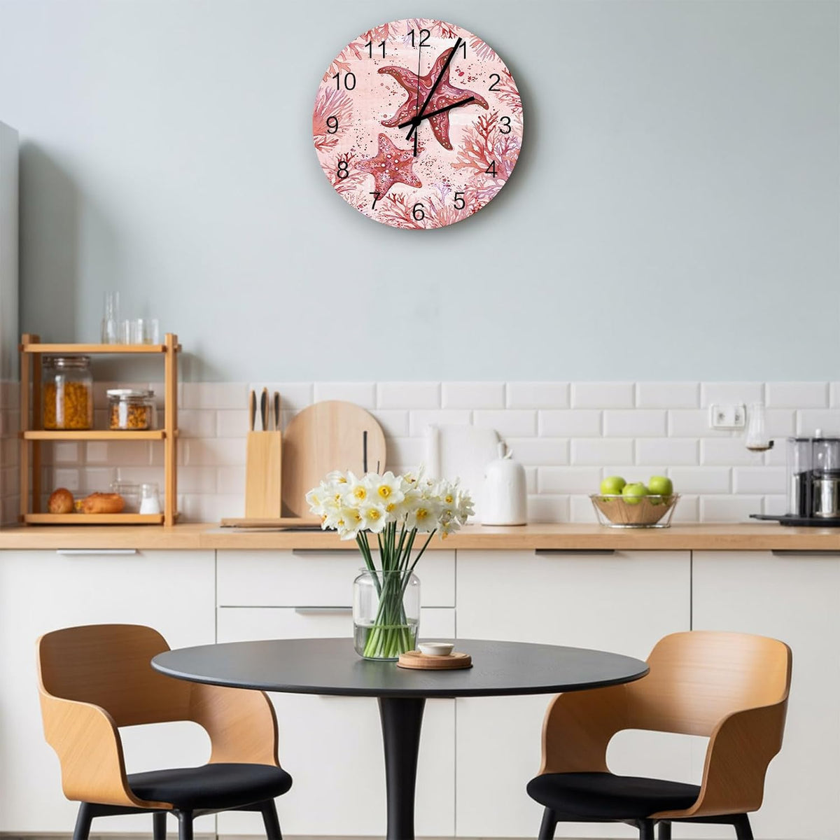 Summer Ocean Coral Wall Clock Silent Non Ticking Romantic Coastal Starfish Plants Red Pink Large Wall Clocks Battery Operated Decor for Home Kitchen Living Room Bathroom Office School Bedroom, 10 Inch