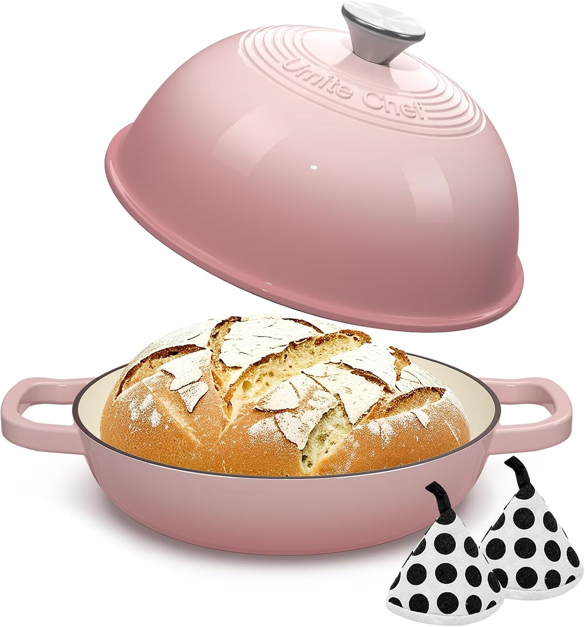 Cast Iron Dutch Oven Pot with Lid, Round Bread Oven for Sourdough Bread Baking, Enameled Cast Iron Bread Oven with Dome Lid & Cotton Potholders for Sourdough, Pink, 6 Quarts