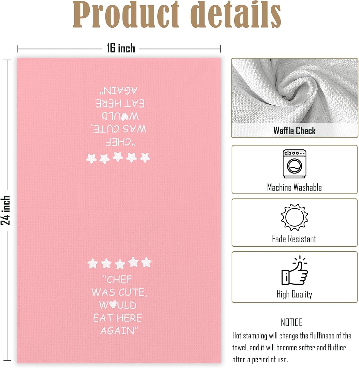 Pink Kitchen Accessories Towels, Chef was Cute Would Eat Here Again Dish Towels, Girly Cute Pink Chef Kithcen Decor