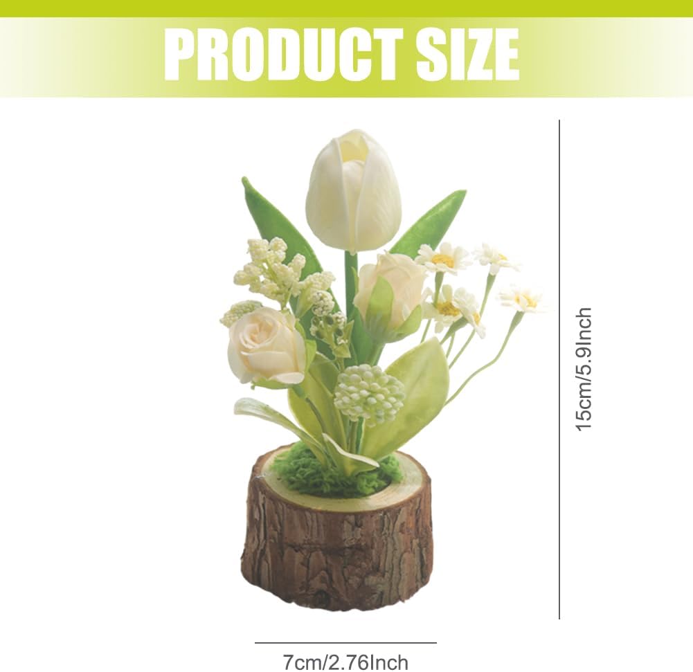 Artificial Tulips Potted Plant, Mini Silk Tulip Bouquet with Wooden Pot
