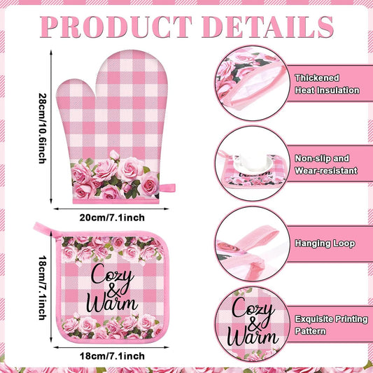 8Pcs Pink Rose Kitchen Oven Mitt Dish Towels Potholders Set Pink Rose Oven Glove Pot Holder Set Absorbent Gloves Potholders Heat Resistant for Cooking Baking Gifting BBQ Kitchen Accessories