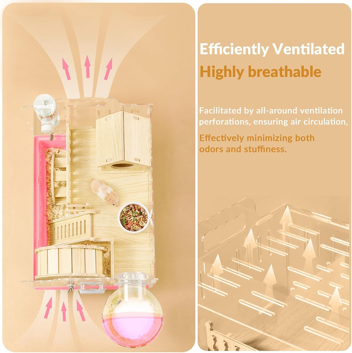 8 in 1 Acrylic Hamster Cage,2-Tier Dwarf Hamster Cage with Wooden Wheel & Hideout,Small Hamster Habitat with Accessories,Clear Pet Mice House(Pink,14" L*10" W*11" H)