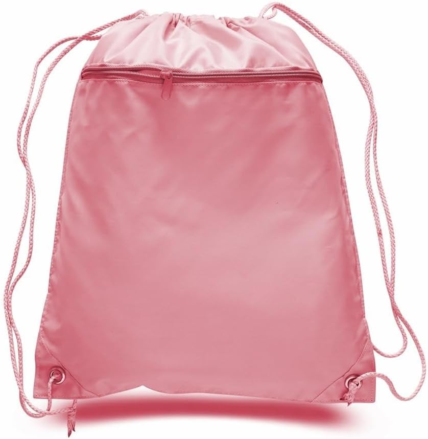 TBF Polyester Drawstring Bags with Front Pocket, 12 Pcs Durable Bulk Pack for Gym Essentials, Beach Bag with Zipper, Light Pink