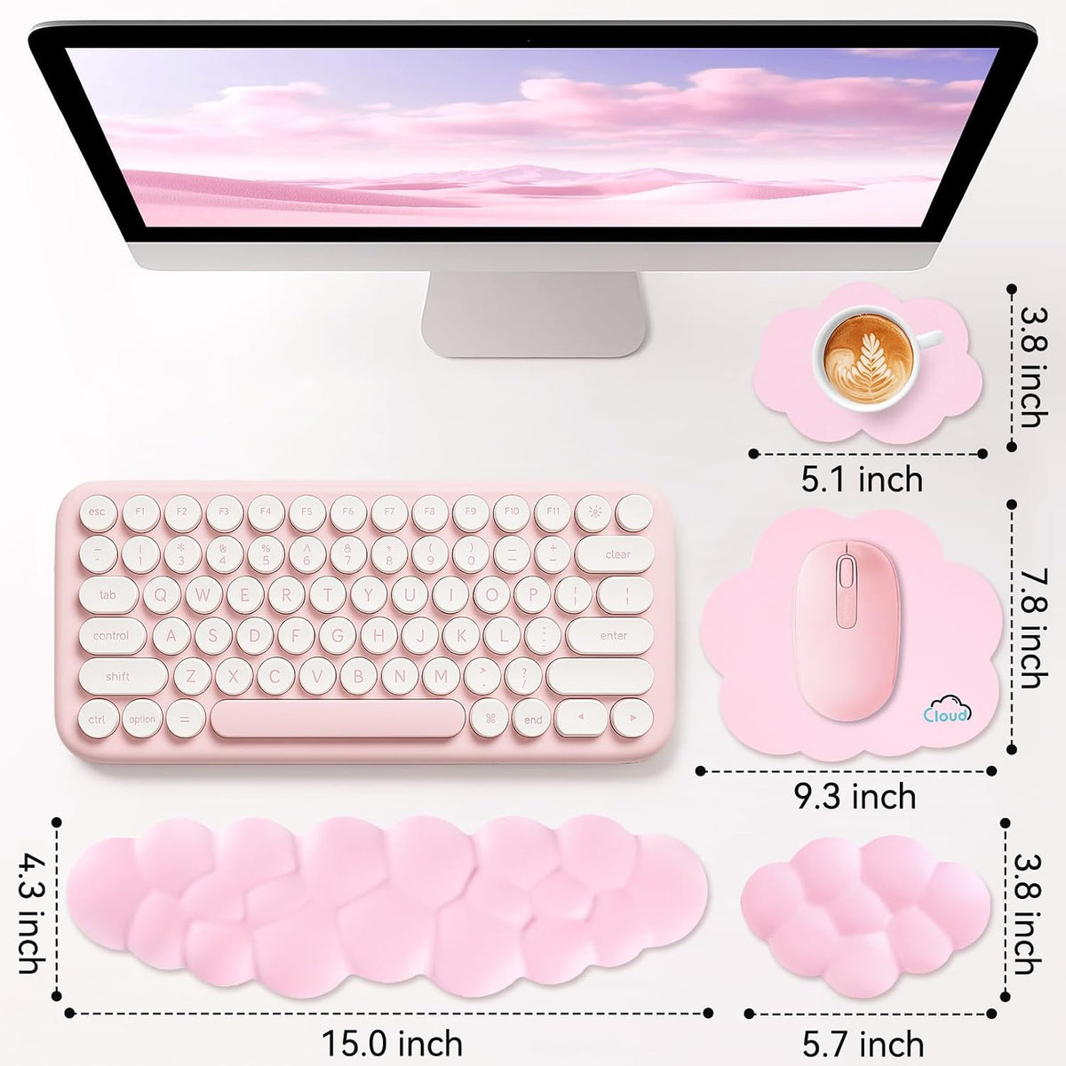 Cloud Wrist Rest for Computer Keyboard and Mouse Pad Set, Pink