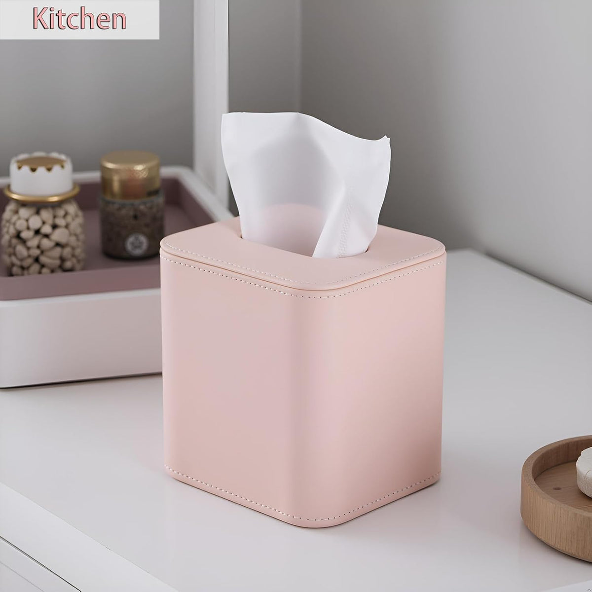 Cute Pink Tissue Box Cover Holder, Square PU Leather Decorative Organizer for Home, Office, Bathroom, Tabletop