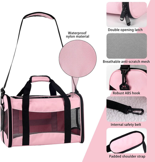 Cat Carrying Case - Pet Carrier Airline Approved, Protable and Breathable Pet Travel Carrier Removable Fleece Pad, Collapsible Cat Carrier Dog Carrier for Medium Cats Small Cats Dogs (Small, Pink)