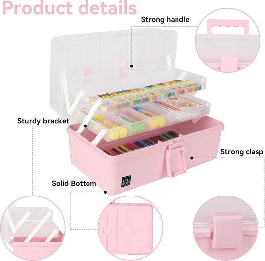 Hair Accessories Organizer 13-Inch Art Supply Bin Sewing Box 3-Layers Craft Storage Organizer with Handle Pink Tool Tackle Box Storage Great Gift for Kids