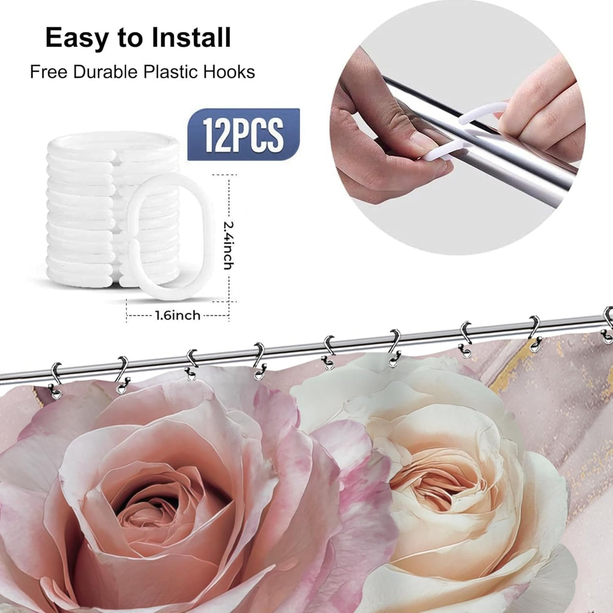 African American Flower Rose Bathroom Shower Curtain 60W by 71H Inch Sexy Pink Black Girl Woman Marble Inspirational Motivational Positive Polyester 12 Plastic Hooks Waterproof Decor
